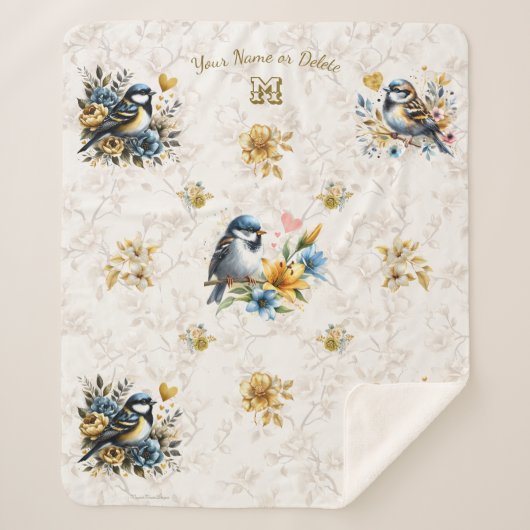 Gepersonaliseerde Blauwe Vogels & Gouden Bloemen Sherpa Deken (Voorkant)