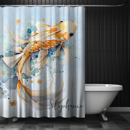 Gepersonaliseerde Blauwe Waterverf Gouden Koi Vis Douchegordijn