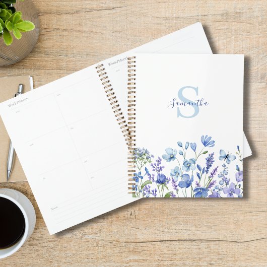 Gepersonaliseerde Blauwe Wildflower Waterverf Bloe Planner