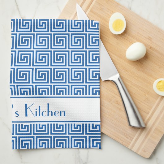 Gepersonaliseerde Blauwe Witte Griekse Meander Key Theedoek (Quarter Fold)