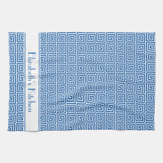 Gepersonaliseerde Blauwe Witte Griekse Meander Key Theedoek (Horizontaal)