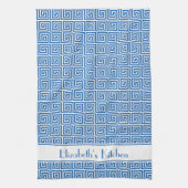 Gepersonaliseerde Blauwe Witte Griekse Meander Key Theedoek (Verticaal)
