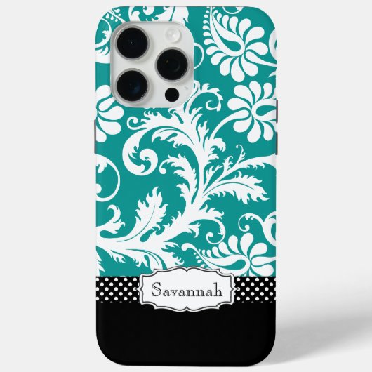 Gepersonaliseerde Blauwgroen Damask Case-Mate iPhone Case (Achterkant)