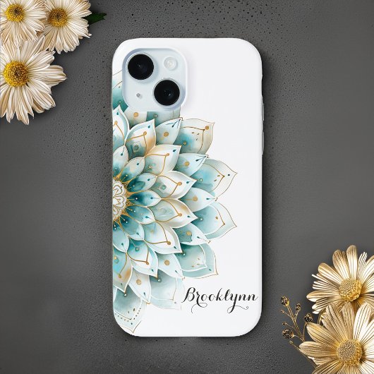 Gepersonaliseerde Blauwgroen gouden bloemenkrans M Case-Mate iPhone Case