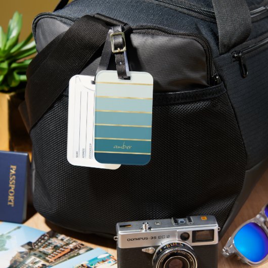 Gepersonaliseerde Blauwgroen Gradient Gold Stripes Bagagelabel (Voorkant & Achterkant)