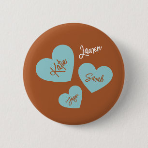 Gepersonaliseerde Blauwgroen harten met namen van Ronde Button 5,7 Cm