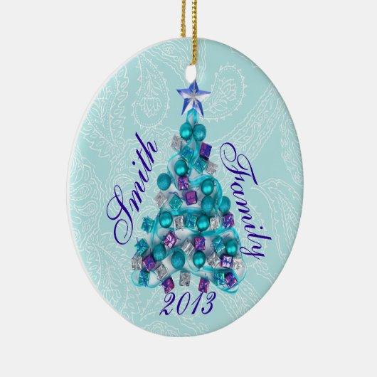 Gepersonaliseerde Blauwgroen Paarse kerstboomversi Keramisch Ornament (Rechts)