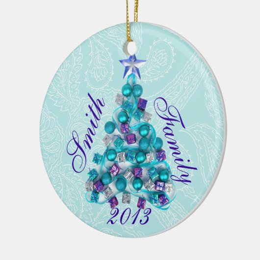 Gepersonaliseerde Blauwgroen Paarse kerstboomversi Keramisch Ornament (Links)