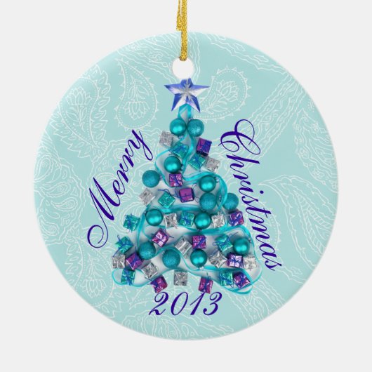 Gepersonaliseerde Blauwgroen Paarse kerstboomversi Keramisch Ornament (Achterkant)