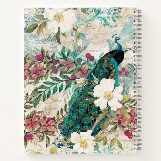 Gepersonaliseerde  Blauwgroen pacock en roze Flora Notitieboek (Achterkant)