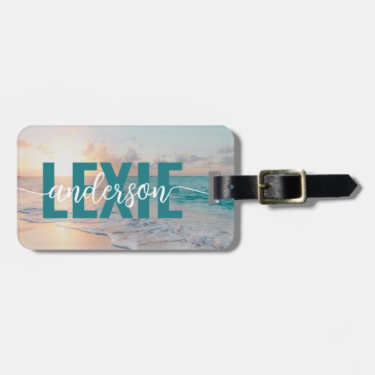 Gepersonaliseerde Blauwgroen Sunset Ocean Waves Bagagelabel (Voorkant horizontaal)