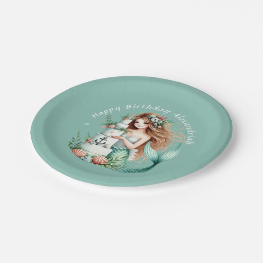 Gepersonaliseerde Blauwgroen zeemeermin strand ver Papieren Bordje (Gekanteld)