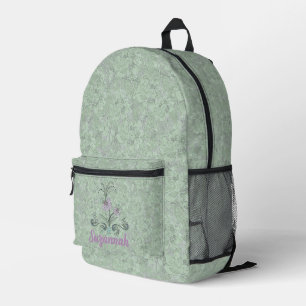 Gepersonaliseerde Bleke Groene en Lila Bloemen Rug Bedrukte Rugzak