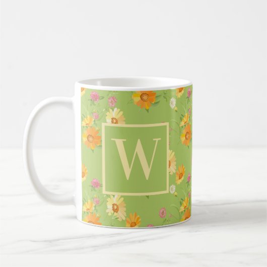 Gepersonaliseerde bloem Groene bloemen monogrammen Koffiemok (Links)