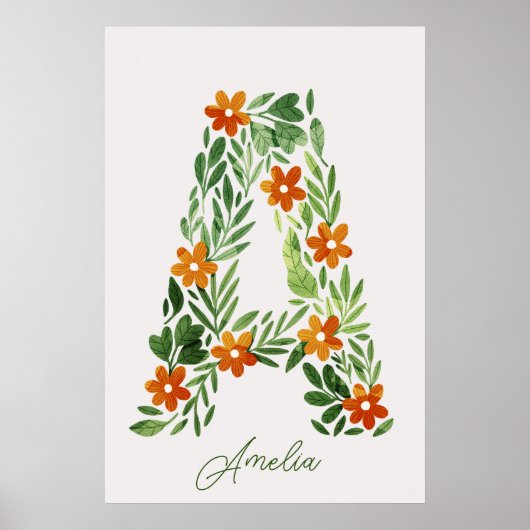 Gepersonaliseerde bloembrief A met Oranje bloemen Poster (Voorkant)