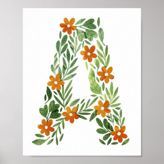 Gepersonaliseerde bloembrief A met Oranje bloemen Poster (Voorkant)