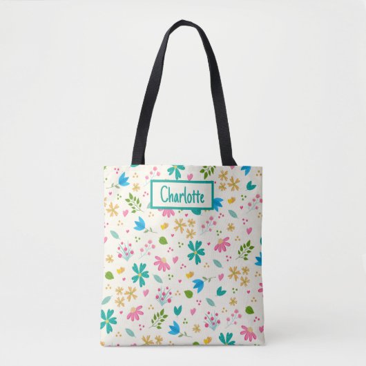Gepersonaliseerde Bloemen Aangepaste Naam Tote Bag (Voorkant)