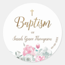 Gepersonaliseerde bloemen Baby meisje gouden kruis Ronde Sticker