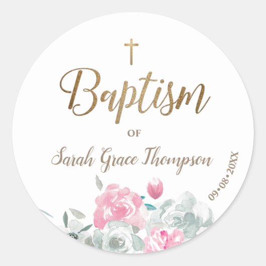 Gepersonaliseerde bloemen Baby meisje gouden kruis Ronde Sticker (Voorkant)