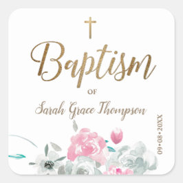 Gepersonaliseerde bloemen Baby meisje gouden kruis Vierkante Sticker