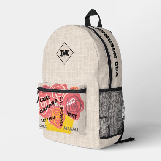 Gepersonaliseerde bloemen en jute Stijlvolle ontwe Bedrukte Rugzak (Achterkant Hoek Rechts)