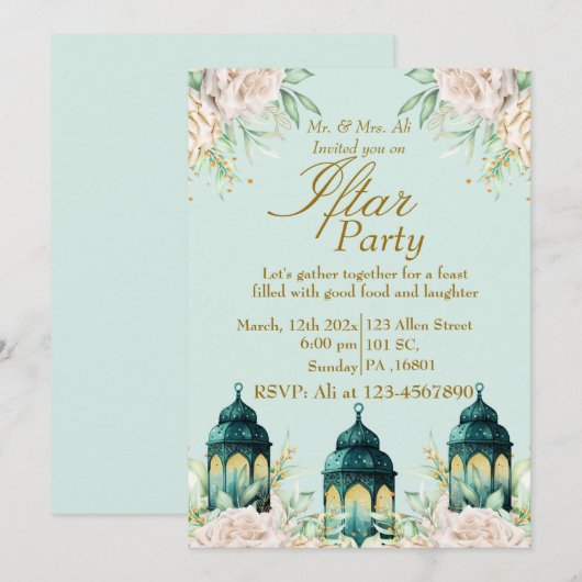 Gepersonaliseerde Bloemen Goud Ramadan Iftar Party Kaart (Voorkant / Achterkant)