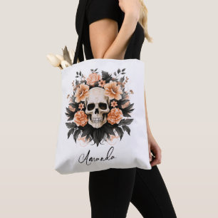 Gepersonaliseerde Bloemen Halloween Schedel Tote Bag