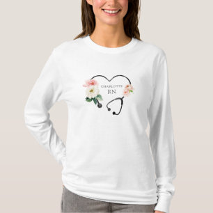 Gepersonaliseerde Bloemen Hart Stethoscoop Verplee T-shirt
