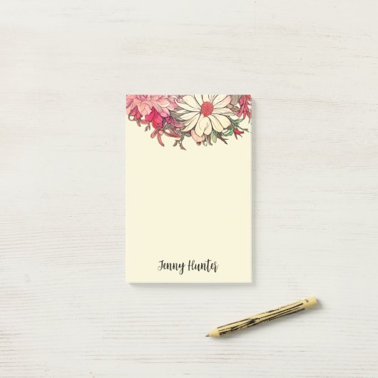 Gepersonaliseerde bloemen in roze en crème post-it® notes (Op bureau)