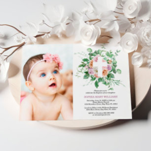 Gepersonaliseerde Bloemen Kruis Foto Doop Uitnodig Kaart