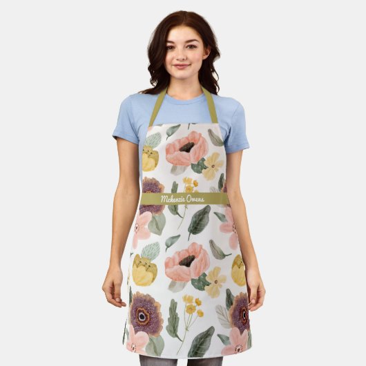 Gepersonaliseerde  Bloemen Paarse & Geel Schort (Gedragen)