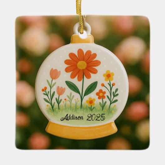 Gepersonaliseerde Bloemen Snowglobe Keramisch Orna Keramisch Ornament (Voorkant)