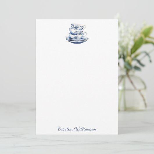 Gepersonaliseerde  Bloemen Teacup Blauwe Waterverf Bedankkaart (Staand voorkant)