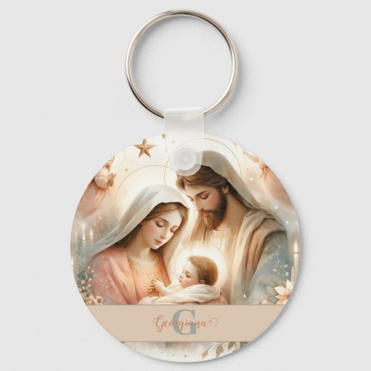 Gepersonaliseerde Bloemen Waterverf Baby Jesus Geb Sleutelhanger (Voorkant)