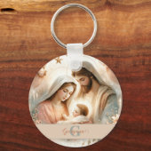 Gepersonaliseerde Bloemen Waterverf Baby Jesus Geb Sleutelhanger (Achterkant)