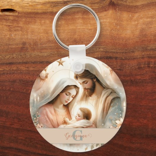 Gepersonaliseerde Bloemen Waterverf Baby Jesus Geb Sleutelhanger (Achterkant)