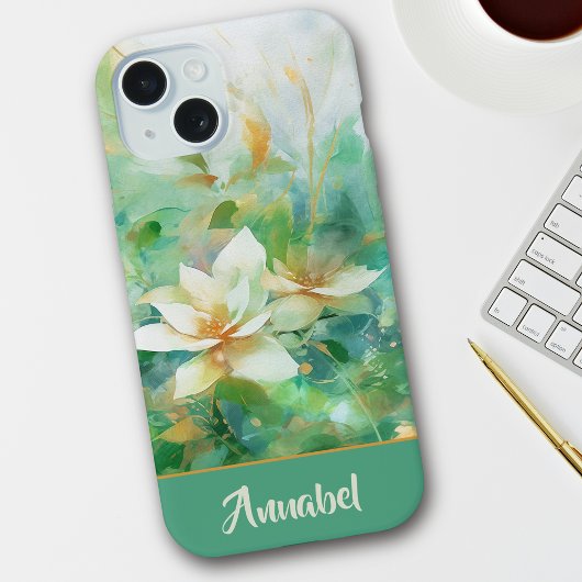 Gepersonaliseerde  Bloemen Waterverf Groen iPhone 15 Case
