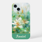Gepersonaliseerde  Bloemen Waterverf Groen iPhone 15 Case (Achterkant)