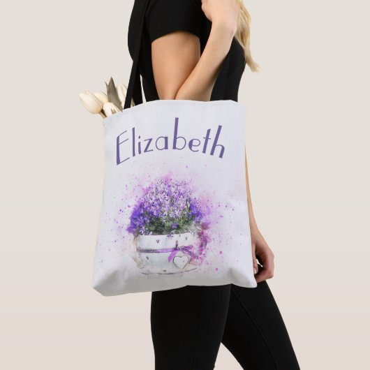 Gepersonaliseerde Bloemen Waterverf Paarse Lila Tote Bag (Dichtbij)
