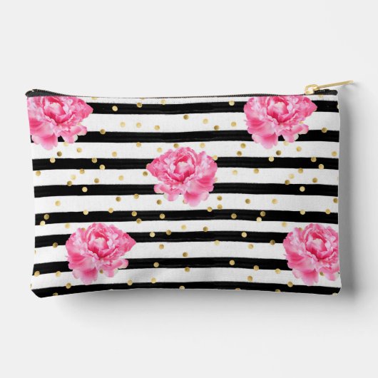 Gepersonaliseerde Bloemen Zwarte Streep Cosmetisch Etui (Achterkant)