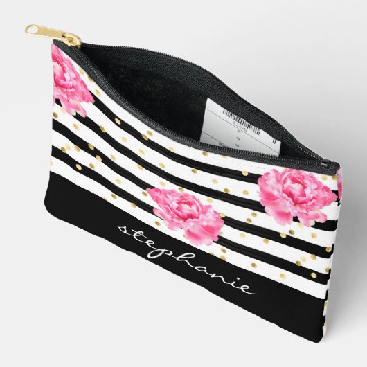 Gepersonaliseerde Bloemen Zwarte Streep Cosmetisch Etui (Open)