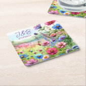 Gepersonaliseerde bloemenbruiloft gepersonaliseerd kartonnen onderzetters (Schuin)