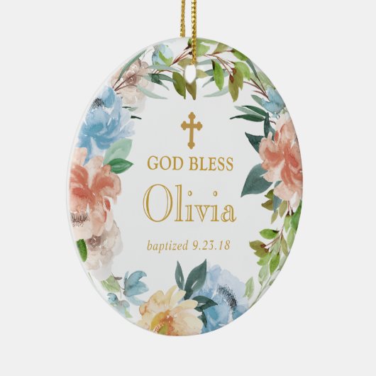 Gepersonaliseerde Bloemendoop Krans God Bless Keramisch Ornament (Rechts)