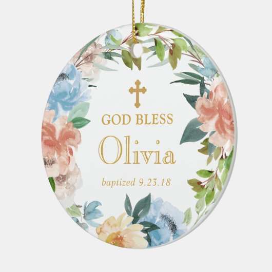 Gepersonaliseerde Bloemendoop Krans God Bless Keramisch Ornament (Links)