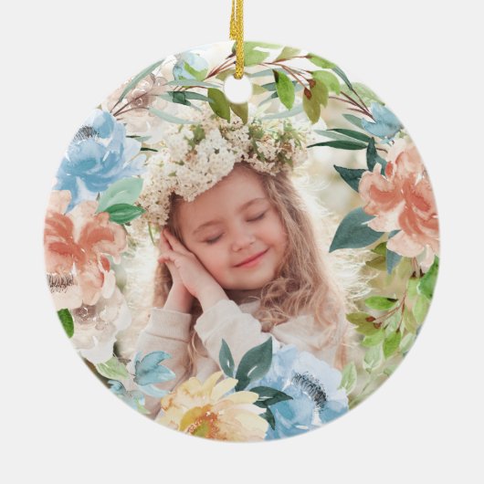 Gepersonaliseerde Bloemendoop Krans God Bless Keramisch Ornament (Achterkant)