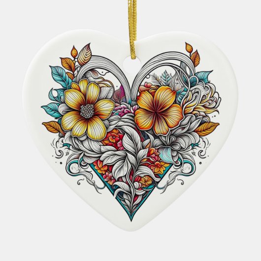 Gepersonaliseerde bloemenhart met sentimentele boo keramisch ornament (Voorkant)