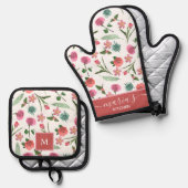 Gepersonaliseerde Bloemenoven Mitt & Pot Houder Se Ovenwant & Pannenlap Set (Voorkant / Achterkant)