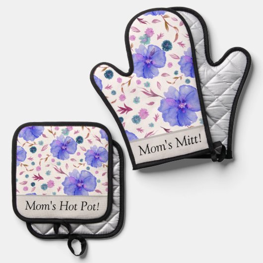 Gepersonaliseerde Bloemenoven Mitt & Pot Houder Se Ovenwant & Pannenlap Set (Voorkant / Achterkant)