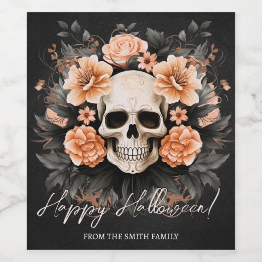 Gepersonaliseerde  Bloemenschedel Halloween Wijn Etiket (Enkel label)
