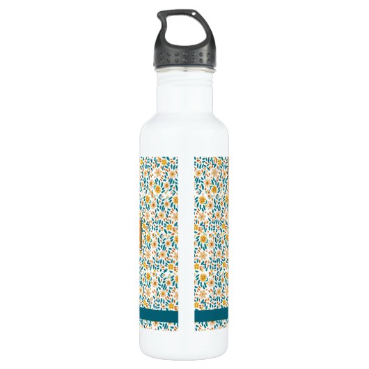 Gepersonaliseerde Bloemmonogram & Naam Waterfles (Achterkant)